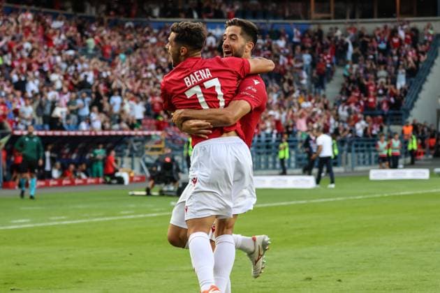 2024 25 UEFA Europa League second qualifying round Wisla Krakow - SK Rapid Wien 07.25.2024 Krakow (Cracow) Poland, Football 2024 25 UEFA Europa League second qualifying round, Wisla Krakow - SK Rapid Wien op: Angel Baena, Marc Carbo Goal Celebration (celebracja gola) Copyright: xKonradxSwieradx IMG_1408