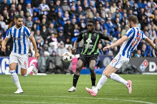 Kilmarnock s Robbie Deas, Cercle s Kader Abdoul Ouattara and Kilmarnock s Stuart Findlay fight for the ball during a soccer game between Scottish Kilmarnock F.C. and Belgian Cercle Brugge in Kilmarnock, Scotland on Thursday 25 July 2024, the first leg of the second qualifying round for the UEFA Europa League competition. TOM GOYVAERTS TomxGoyvaerts  x97039687x