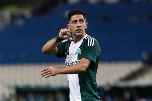Tasos Bakasetas of Panathinaikos celebrates during the UEFA Europa League second qualifying round 1st leg match between Panathinaikos and Botev Plovdiv held in OAKA Arena in Athens, Greece, 25 July 2024. IMAGO ONE INCH PRODUCTIONS ATHENS Greece Copyright: xOnexInchxProductionsx 6280985