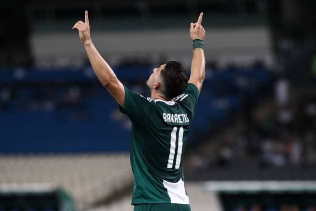 Tasos Bakasetas of Panathinaikos celebrates during the UEFA Europa League second qualifying round 1st leg match between Panathinaikos and Botev Plovdiv held in OAKA Arena in Athens, Greece, 25 July 2024. IMAGO ONE INCH PRODUCTIONS ATHENS Greece Copyright: xOnexInchxProductionsx 6280988