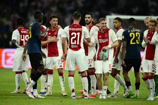 AMSTERDAM - (l-r) Steven Berghuis of Ajax, Branco van den Boomen of Ajax, Josip Sutalo of Ajax, Kenneth Taylor of Ajax after the UEFA Europa League 2nd preliminary round match between Ajax Amsterdam and FK Vojvodina in the Johan Cruijff ArenA on July 25 2024 in Amsterdam, Netherlands. ANP OLAF KRAAK UEFA Europa Europa League second qualifying round 2024 25 xVIxANPxSportx xxANPxIVx 504192900 originalFilename: 504192900.jpg