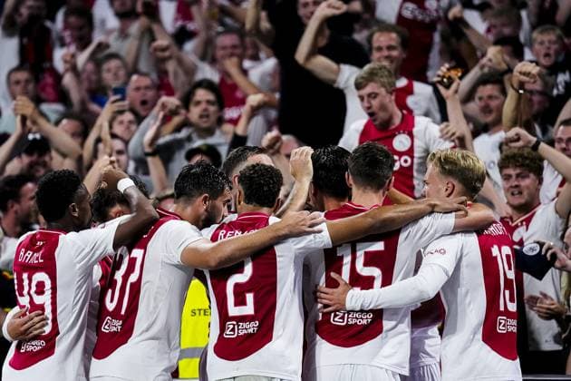 AMSTERDAM , 25-07-2024,JohanCruijff ArenA , Season 2024-2025. UEFA Europa League Second qualifying round Football between Ajax and Vojvodina. Final score 1-0. Ajax players celebrating the goal. Ajax - Vojvodina  x25835818x Copyright: