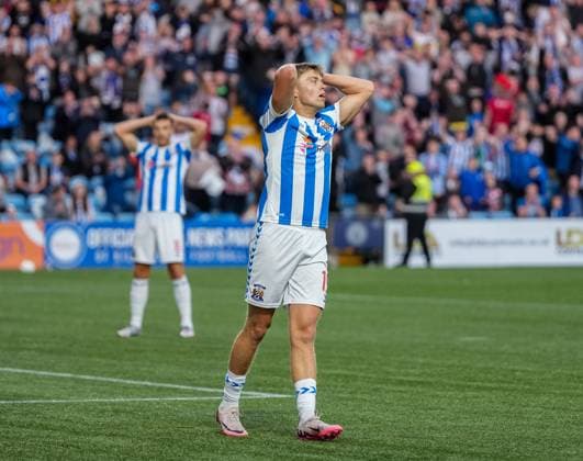 Fraser Murray of Kilmarnock reacts after a shot at goal was saved by Cercle Brugge goalkeeper Warleson. Kilmarnock v Cercle Brugge, UEFA Europa League, 2nd Qualifying Round, Football, The BBSP Stadium Rugby Park, Kilmarnock, UK, 25 Jul 2024 EDITORIAL USE ONLY No use with unauthorised audio, video, data, fixture lists, club league logos or live services. Online in-match use limited to 120 images, no video emulation. No use in betting, games or single club league player publications. Copyright: xStuartxWallace Shutterstockx 14602352ct