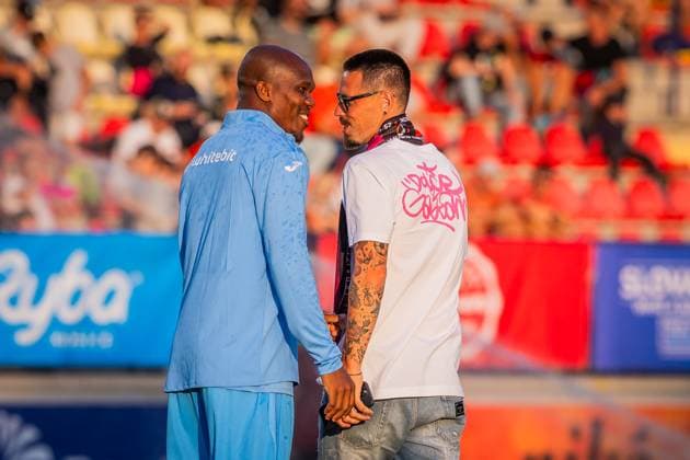 RUZOMBEROK - TRABZONSPOR UEFA EUROPA LEAGUE Ex player Marek Hamsik and Anthony Nwakaeme of Trabzonspor during the 1st leg of Second qualifying round of the UEFA Europa League football match between MFK Ruzomberok and Trabzonspor. Ruzomberok, Slovakia, July 25, 2024. PUBLICATION NOT IN SLOVAKIA Ruzomberok Copyright: xBranislavxRackox 080A4481