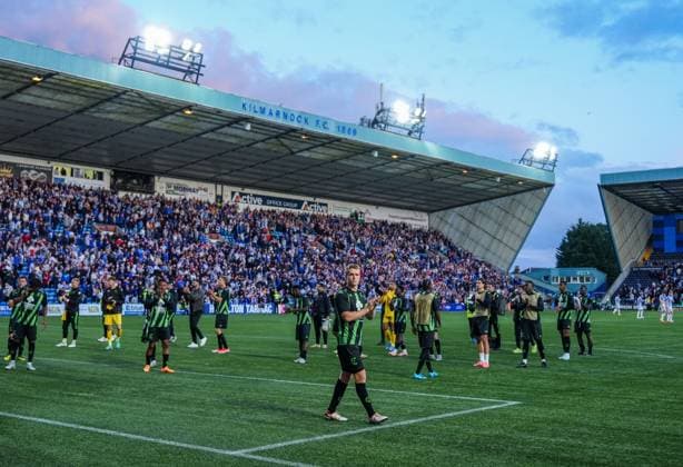 Cercle Brugge captain Thibo Somers leads his team mates as they applaud the Brugge fans after the final whistle. Full-time score Kilmarnock 1 Cercle Brugge 1. Kilmarnock v Cercle Brugge, UEFA Europa League, 2nd Qualifying Round, Football, The BBSP Stadium Rugby Park, Kilmarnock, UK, 25 Jul 2024 EDITORIAL USE ONLY No use with unauthorised audio, video, data, fixture lists, club league logos or live services. Online in-match use limited to 120 images, no video emulation. No use in betting, games or single club league player publications. Copyright: xStuartxWallace Shutterstockx 14602352de