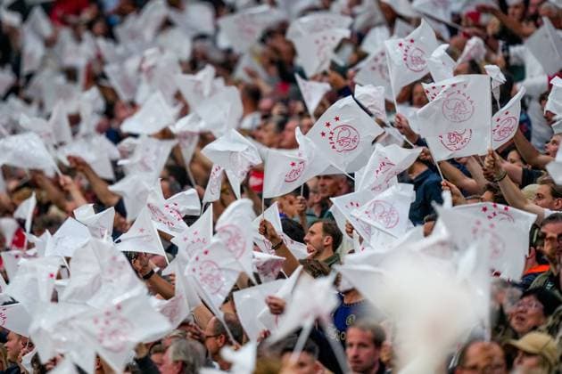 AMSTERDAM , 25-07-2024, JohanCruijff ArenA , Season 2024-2025. UEFA Europa League Second qualifying round Football between Ajax and Vojvodina , fans with flags. Ajax - Vojvodina  x25837142x Copyright: