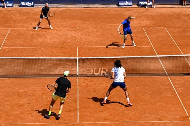 TENNIS - ATP, Tennis Herren Generali Open 2024 KITZBUEHEL,AUSTRIA,26.JUL.24 - TENNIS - ATP World Tour, Generali Open. Image shows Constantin Frantzen, Hendrik Jebens (GER), Santiago Gonzalez (MEX) and Skander Mansouri (TUN).  GEPAxpictures xDanielxSchoenherr