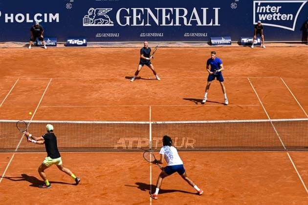 TENNIS - ATP, Tennis Herren Generali Open 2024 KITZBUEHEL,AUSTRIA,26.JUL.24 - TENNIS - ATP World Tour, Generali Open. Image shows Constantin Frantzen, Hendrik Jebens (GER), Santiago Gonzalez (MEX) and Skander Mansouri (TUN).  GEPAxpictures xDanielxSchoenherr