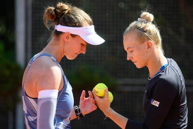 From left Czech players Barbora Krejcikova and Katerina Siniakova in action during doubles final match against Lucie Safarova of Czech Republic and Bethanie Mattek-Sands of USA witthin the WTA, Tennis Damen women s tennis tournament Livesport Prague Open 2024 in Prague, Czech Republic, July 26, 2024. (CTKxPhoto MichalxKamaryt) CTKPhotoP2024072603396  CTKPhotoP2024072603396
