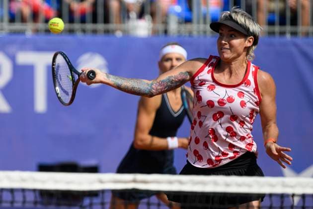From left Lucie Safarova of Czech and Bethanie Mattek-Sands of USA in action during doubles final match against Czech players Katerina Siniakova and Barbora Krejcikova witthin the WTA, Tennis Damen women s tennis tournament Livesport Prague Open 2024 in Prague, Czech Republic, July 26, 2024. (CTKxPhoto MichalxKamaryt) CTKPhotoP2024072603708  CTKPhotoP2024072603708