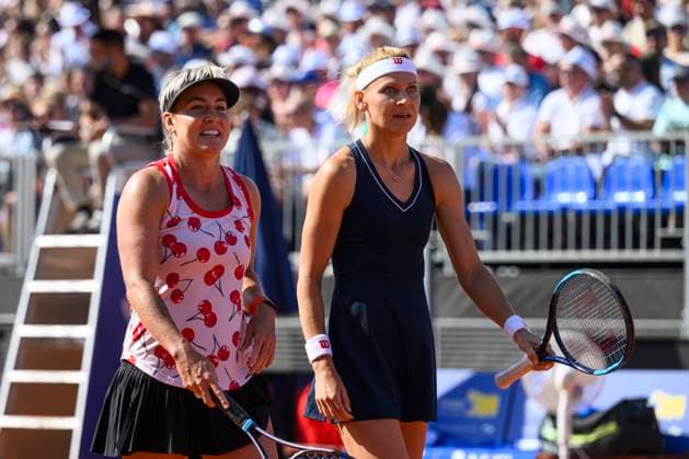 From left Bethanie Mattek-Sands of USA and Lucie Safarova of Czech in action during doubles final match against Czech players Katerina Siniakova and Barbora Krejcikova witthin the WTA, Tennis Damen women s tennis tournament Livesport Prague Open 2024 in Prague, Czech Republic, July 26, 2024. (CTKxPhoto MichalxKamaryt) CTKPhotoP2024072603709  CTKPhotoP2024072603709