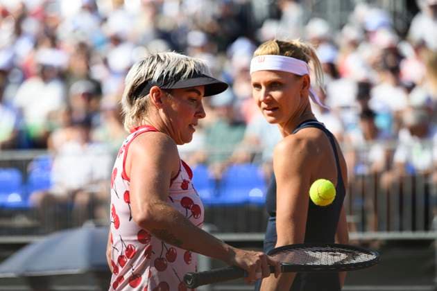 From left Bethanie Mattek-Sands of USA and Lucie Safarova of Czech in action during doubles final match against Czech players Katerina Siniakova and Barbora Krejcikova witthin the WTA, Tennis Damen women s tennis tournament Livesport Prague Open 2024 in Prague, Czech Republic, July 26, 2024. (CTKxPhoto MichalxKamaryt) CTKPhotoP2024072603712  CTKPhotoP2024072603712