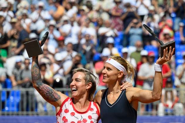 From left Bethanie Mattek-Sands of USA and Lucie Safarova of Czech with trophies after doubles final match against Czech players Katerina Siniakova and Barbora Krejcikova witthin the WTA, Tennis Damen women s tennis tournament Livesport Prague Open 2024 in Prague, Czech Republic, July 26, 2024. (CTKxPhoto MichalxKamaryt) CTKPhotoP2024072603733  CTKPhotoP2024072603733