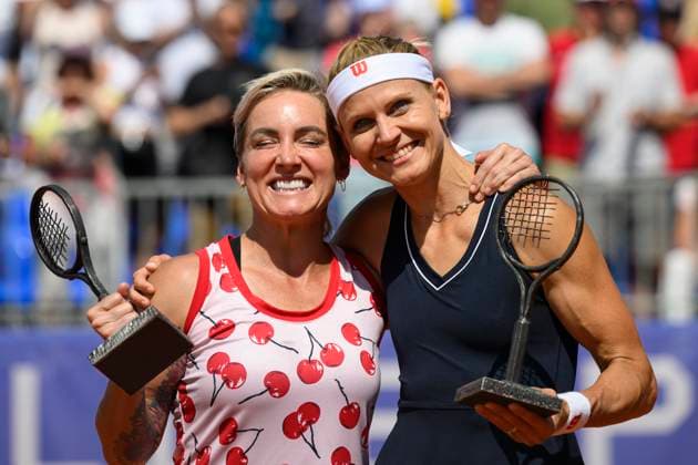 Sport Bilder des Tages From left Bethanie Mattek-Sands of USA and Lucie Safarova of Czech with trophies after doubles final match against Czech players Katerina Siniakova and Barbora Krejcikova witthin the WTA, Tennis Damen women s tennis tournament Livesport Prague Open 2024 in Prague, Czech Republic, July 26, 2024. (CTKxPhoto MichalxKamaryt) CTKPhotoP2024072603753  CTKPhotoP2024072603753