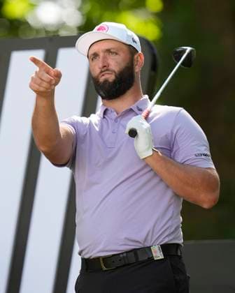 26th July 2024; JCB Golf &amp; Country Club, Rocester, Uttoxeter, England; LIV UK Golf League, Round 1; Jon Rahm of the Legion XIII GC gestures on the 8th tee during round one  ActionPlus12672147 StevenxFlynn