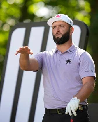 26th July 2024; JCB Golf &amp; Country Club, Rocester, Uttoxeter, England; LIV UK Golf League, Round 1; Jon Rahm of the Legion XIII GC gestures on the 8th tee during round one  ActionPlus12672146 StevenxFlynn
