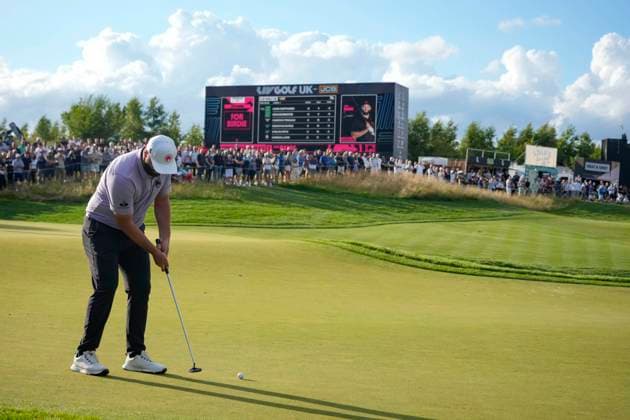 26th July 2024; JCB Golf &amp; Country Club, Rocester, Uttoxeter, England; LIV UK Golf League, Round 1; Jon Rahm and Tyrrell Hatton of the Legion XIII GC putts on the 9th green  ActionPlus12672207 StevenxFlynn