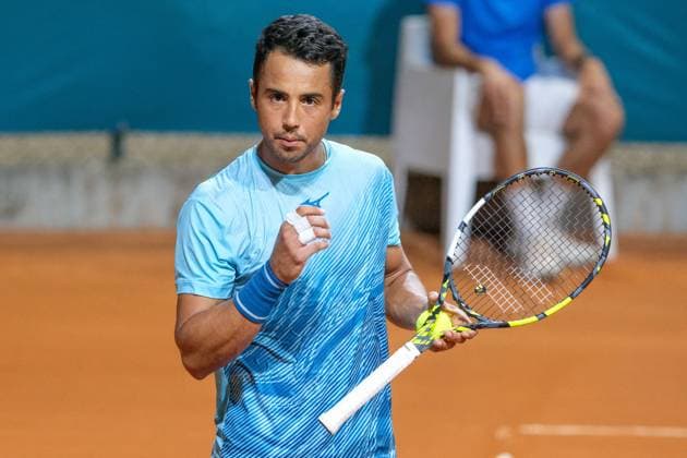 International Tennis match - ATP, Tennis Herren CHALLENGER - INTERNAZIONALI DI VERONA Hugo Dellien from Bolivia celebrates after scores a point during Internazionali di Verona - ATP Challenger 100 tennis tournament at Sports Club Verona on July 26, 2024, Verona Italy. Verona Italy  Copyright: xIPAxSport ABACAx