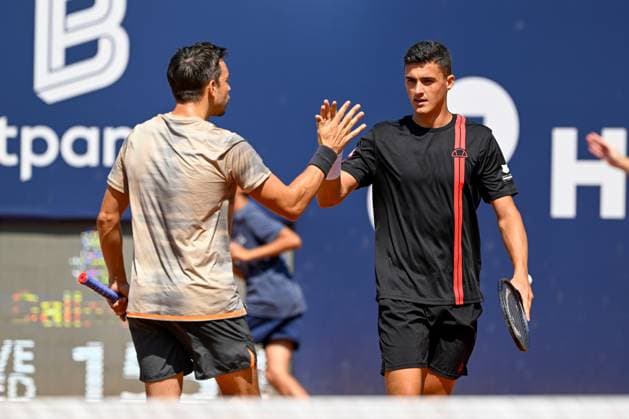 TENNIS - ATP, Tennis Herren Generali Open 2024 KITZBUEHEL,AUSTRIA,27.JUL.24 - TENNIS - ATP World Tour, Generali Open. Image shows Andreas Mies (GER) and Alexander Erler (AUT).  GEPAxpictures xDanielxSchoenherr
