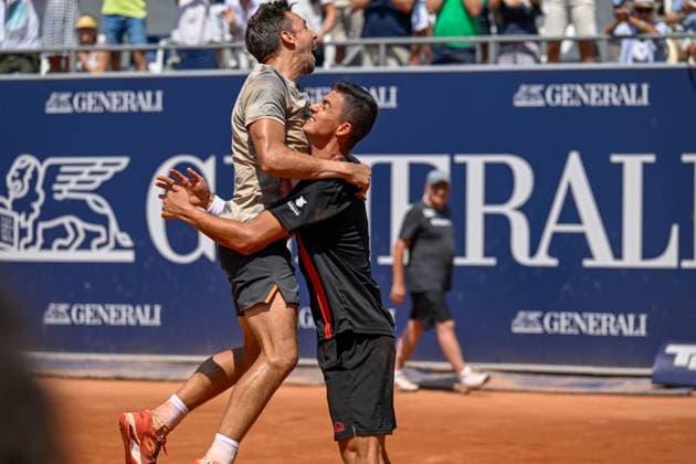 TENNIS - ATP, Tennis Herren Generali Open 2024 KITZBUEHEL,AUSTRIA,27.JUL.24 - TENNIS - ATP World Tour, Generali Open. Image shows the rejoicing of Andreas Mies (GER) and Alexander Erler (AUT).  GEPAxpictures xDanielxSchoenherr