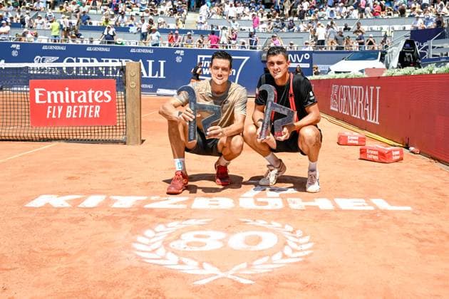 TENNIS - ATP, Tennis Herren Generali Open 2024 KITZBUEHEL,AUSTRIA,27.JUL.24 - TENNIS - ATP World Tour, Generali Open. Image shows Andreas Mies (GER) and Alexander Erler (AUT).  GEPAxpictures xDanielxSchoenherr