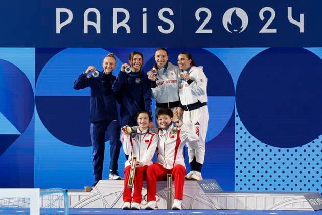 China s divers Yani Chan and Yiwen Chen, gold medal, US Sarah Bacon and Kassidy Cook, silver, and Great Britain s Yasmin Harper and Scarlett Mew Jensen, bronze, at the podium of the Women s synchronised 3M springboard at the Paris 2024 Olympic Games, Olympische Spiele, Olympia, OS in Paris, France, 27 July 2024. Diving - Women s synchronised 3M springboard !ACHTUNG: NUR REDAKTIONELLE NUTZUNG! Copyright: xMiguelxTonax EVE6031 20240727-55014256575_1