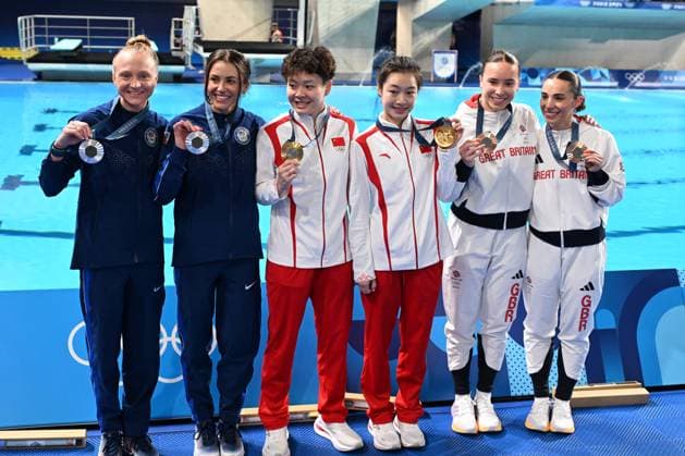 27th July 2024; Paris Olympic Games, Olympische Spiele, Olympia, OS Paris, France, Day 2; Womens 3m synchronised springboard diving final, the medal winners show off their medals with Yani Chang and Yiwen Chen of China receiving Gold, Sarah Bacon and Kassidy Cook of USA receiving Silverm Yasmin Harper and Scarlett Mew Jensen win Bronze  ActionPlus12672580 SimonxWest