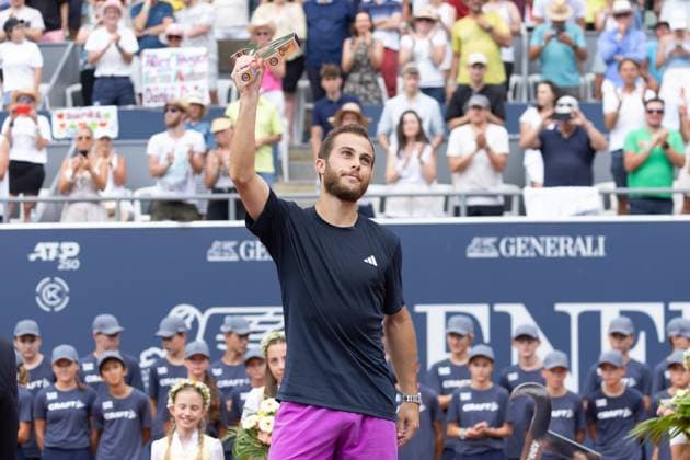 27 07 2024, Sportpark, Kitzbühel, AUT, ATP Tour, Generali Open Kitzbühel, Final, in the picture Second place Hugo Gaston FRA second placed Hugo Gaston of France after the final match of Generali Open Tennis Tournament of the ATP Tour at the Sportpark in Kitzbühel, Austria on 2024 07 27 Expa Kitzbühel  EP_gro
