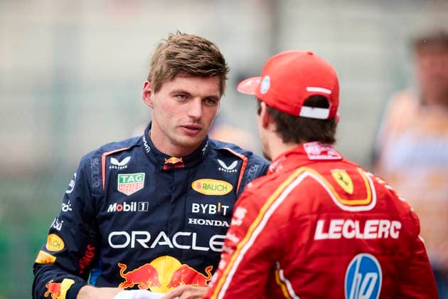 F1 Grand Prix of Hungary - Qualifying Max Verstappen of the Netherlands and Oracle Red Bull Racing speaks with Charles Leclerc of Monaco and Scuderia Ferrari in the parc ferme after the qualifying ahead of the F1 Grand Prix of Belgium at Circuit de Spa-Francorchamps on July 27, 2024, in Spa, Belgium. Spa Circuit de Spa-Francorchamps Spa Belgium RL_GPF1BELG24_00792 Copyright: xRicardoxLarreinax