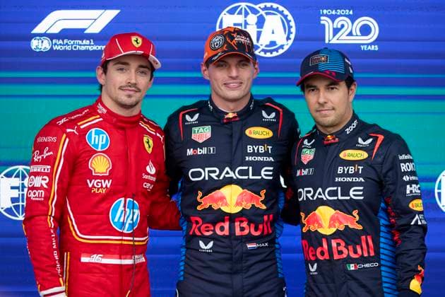 F1 Grand Prix of Hungary - Qualifying Charles Leclerc of Monaco and Scuderia Ferrari, Max Verstappen of the Netherlands and Oracle Red Bull Racing and Sergio Perez of Mexico and Oracle Red Bull Racing in the parc ferme after the qualifying ahead of the F1 Grand Prix of Belgium at Circuit de Spa-Francorchamps on July 27, 2024, in Spa, Belgium. Spa Circuit de Spa-Francorchamps Spa Belgium RL_GPF1BELG24_00804 Copyright: xRicardoxLarreinax