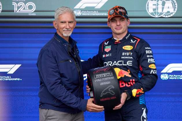 F1 Grand Prix of Hungary - Qualifying Max Verstappen of the Netherlands and Oracle Red Bull Racing receives the poleman award from Damon Hill in the parc ferme after the qualifying ahead of the F1 Grand Prix of Belgium at Circuit de Spa-Francorchamps on July 27, 2024, in Spa, Belgium. Spa Circuit de Spa-Francorchamps Spa Belgium RL_GPF1BELG24_00806 Copyright: xRicardoxLarreinax