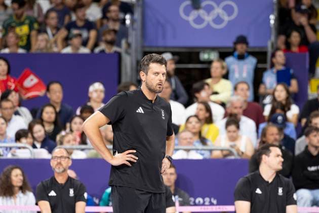 National coach Michal WINIARSKI GER, mi with concentrated look, attentive, concentration Volleyball Men Japan JPN vs Germany GER , final score 2 3, preliminary round group C, match 1, on 27 07 2024, Olympic Games Paris 2024 France Â
