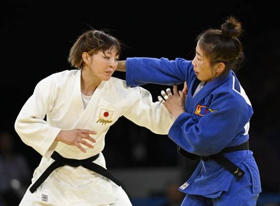 Paris Olympics: Judo Japan s Natsumi Tsunoda (white) competes in the women s judo 48-kilogram final against Baasankhuu Bavuudorj of Mongolia at the Paris Olympics at Champ de Mars Arena in Paris on July 27, 2024.  A14AA0003190591P