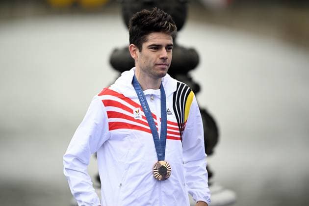 Belgian cyclist Wout van Aert poses with the bronze medal during the podium ceremony of the men s time trial event at the Paris 2024 Olympic Games, Olympische Spiele, Olympia, OS on Saturday 27 July 2024 in Paris, France . The Games of the XXXIII Olympiad are taking place in Paris from 26 July to 11 August. The Belgian delegation counts 165 athletes in 21 sports. JASPERxJACOBS  x97168565x