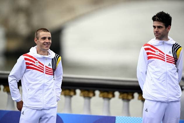 Winner Remco Evenepoel and bronze medallist Wout van Aert pictured during the podium ceremony of the men s time trial cycling event at the Paris 2024 Olympic Games, Olympische Spiele, Olympia, OS on Saturday 27 July 2024 in Paris, France . The Games of the XXXIII Olympiad are taking place in Paris from 26 July to 11 August. The Belgian delegation counts 165 athletes in 21 sports. JASPERxJACOBS  x97168620x