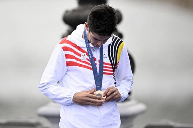 Belgian cyclist Wout van Aert pictured with the bronze medal during the podium ceremony of the men s time trial cycling event at the Paris 2024 Olympic Games, Olympische Spiele, Olympia, OS on Saturday 27 July 2024 in Paris, France . The Games of the XXXIII Olympiad are taking place in Paris from 26 July to 11 August. The Belgian delegation counts 165 athletes in 21 sports. JASPERxJACOBS  x97168757x