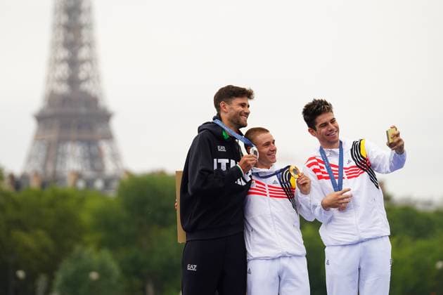 Filippo Ganna silver medal, Remco Evenepoel gold medal, Wout Van Aert bronze medal the men s cycling time trial event, at the 2024 Summer Olympics, Saturday, July 27, 2024, in Paris, France. (Photo Davide Spada LaPresse)  Copyright: xSpada LaPressex