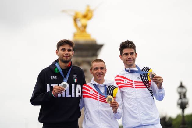 Filippo Ganna silver medal, Remco Evenepoel gold medal, Wout Van Aert bronze medal the men s cycling time trial event, at the 2024 Summer Olympics, Saturday, July 27, 2024, in Paris, France. (Photo Davide Spada LaPresse)  Copyright: xSpada LaPressex