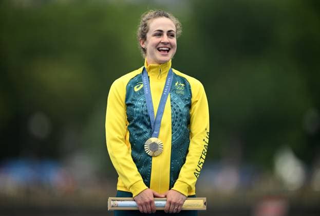 OLY24 CYCLING ROAD, Australian cyclist Grace Brown reacts after winning a gold medal during the Women s Individual Time Trial at Pont Alexandre III as part of the 2024 Paris Olympic Games, Olympische Spiele, Olympia, OS in Paris, France, Saturday, July 27, 2024. ( NO ARCHIVING, EDITORIAL USE ONLY, NO USE IN BOOKS WITHOUT CONSENT PARIS FRANCE Copyright: xJOELxCARRETTx 20240728154088646246