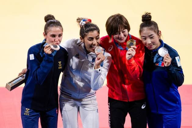 240727 Baasankhuu Bavuudorj of Mongolia, Natsumi Tsunoda of Japan, Shirine Boukli of France and Tara Babulfath of Sweden at the price ceremony after women™s 48kg judo finals during day 1 of the Paris 2024 Olympic Games on July 27, 2024 in Paris Photo Ludvig Thunman BILDBYRAN kod LT LT0643 judo olympic games olympics os ol olympiska spel olympiske leker paris 2024 paris os paris ol 1 bbeng jubel  Copyright: LUDVIGxTHUNMAN BB240727LT171