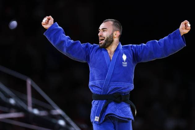 OLYMPICS - Olympic Summer Games 2024 PARIS,FRANCE,27.JUL.24 - OLYMPICS, JUDO - Olympic Summer Games Paris 2024, -60kg, men. Image shows the rejoicing of Luka Mkheidze (FRA).  GEPAxpictures xArminxRauthner