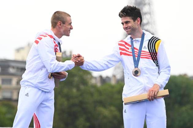 Paris 2024 Olympic Games, Olympische Spiele, Olympia, OS - 27 07 2024 PARIS, FRANCE - JULY 27 : Evenepoel Remco (BEL) Cycling - Road - Individual Time Trial (Male), Van Aert Wout (BEL) Cycling - Road - Individual Time Trial (Male) on the podium during the XXXIII Paris 2024 Summer Olympic Games on July 27, 2024 in Paris, France, 27 07 2024 Paris France  Copyright: xVincentxKalutx