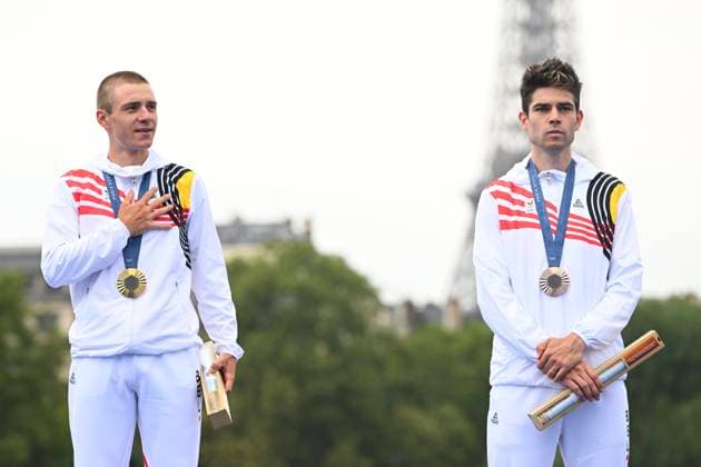 Paris 2024 Olympic Games, Olympische Spiele, Olympia, OS - 27 07 2024 PARIS, FRANCE - JULY 27 : Evenepoel Remco (BEL) Cycling - Road - Individual Time Trial (Male), Van Aert Wout (BEL) Cycling - Road - Individual Time Trial (Male) on the podium during the XXXIII Paris 2024 Summer Olympic Games on July 27, 2024 in Paris, France, 27 07 2024 Paris France  Copyright: xVincentxKalutx