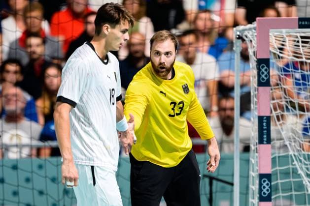 Paris, France Handball Men Preliminary Round Group A Germany Sweden Julian Köster Koester Germany , Goalkeeper Andreas Wolff Germany Paris South Paris Arena 6 France