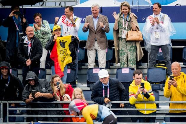 BOIC-COIB s CEO Cedric Van Branteghem, King Philippe - Filip of Belgium, Queen Mathilde of Belgium and BOIC-COIB s president Jean-Michel Saive cheer for Belgian cyclist Remco Evenepoel (C front) during the men s time trial event at the Paris 2024 Olympic Games, Olympische Spiele, Olympia, OS on Saturday 27 July 2024 in Paris, France . The Games of the XXXIII Olympiad are taking place in Paris from 26 July to 11 August. The Belgian delegation counts 165 athletes in 21 sports. JASPERxJACOBS  x97177002x