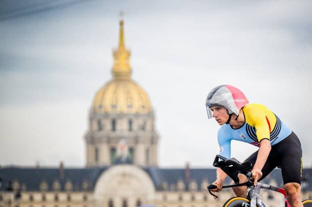 Belgian cyclist Remco Evenepoel pictured in action during the men s time trial event at the Paris 2024 Olympic Games, Olympische Spiele, Olympia, OS on Saturday 27 July 2024 in Paris, France . The Games of the XXXIII Olympiad are taking place in Paris from 26 July to 11 August. The Belgian delegation counts 165 athletes in 21 sports. JASPERxJACOBS  x97177012x