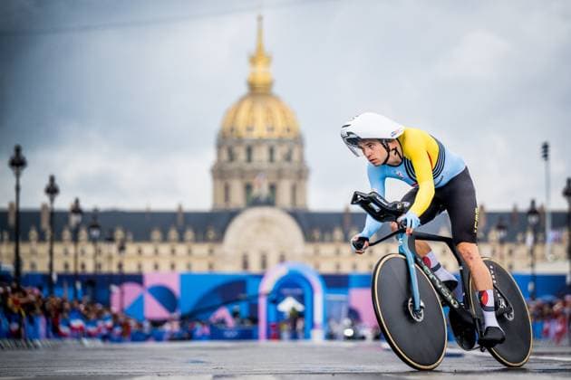 Belgian cyclist Wout van Aert pictured in action during the men s time trial event at the Paris 2024 Olympic Games, Olympische Spiele, Olympia, OS on Saturday 27 July 2024 in Paris, France . The Games of the XXXIII Olympiad are taking place in Paris from 26 July to 11 August. The Belgian delegation counts 165 athletes in 21 sports. JASPERxJACOBS  x97177038x