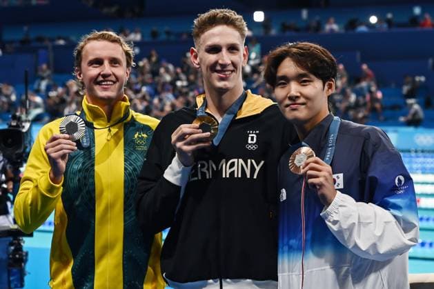 Parigi (Francia) 27 07 2024 - Olimpiadi Parigi 2024 nuoto 400m stile libero uomini foto Image nella foto: Lukas Maertens-Elijah Winnington-Woomin Kim 