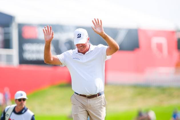 July 27, 2024, Blaine, Minnesota, USA: MATT KUCHAR celebrates a shot that went in for eagle on the 18th to put him in 2nd overall during the 2024 PGA, Golf Herren 3M Open at TPC Twin Cities on July 27th, 2024. Blaine USA - ZUMAg254 20240727_zsp_g254_090 Copyright: xStevenxGarciax