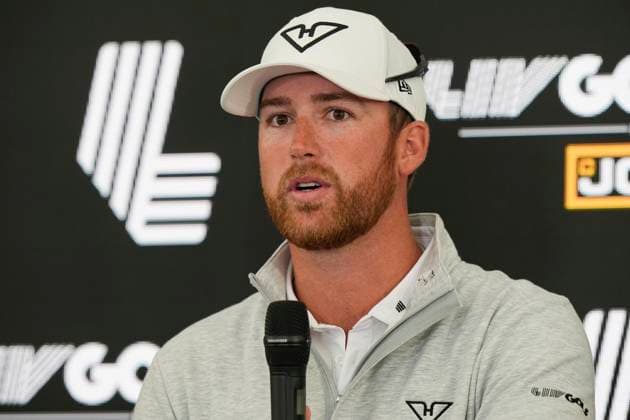 27th July 2024; JCB Golf &amp; Country Club, Rocester, Uttoxeter, England; LIV UK Golf League, Round 2; Andy Ogletree of the Highflyers GC speaks to the media after his round  ActionPlus12673223 StevenxFlynn